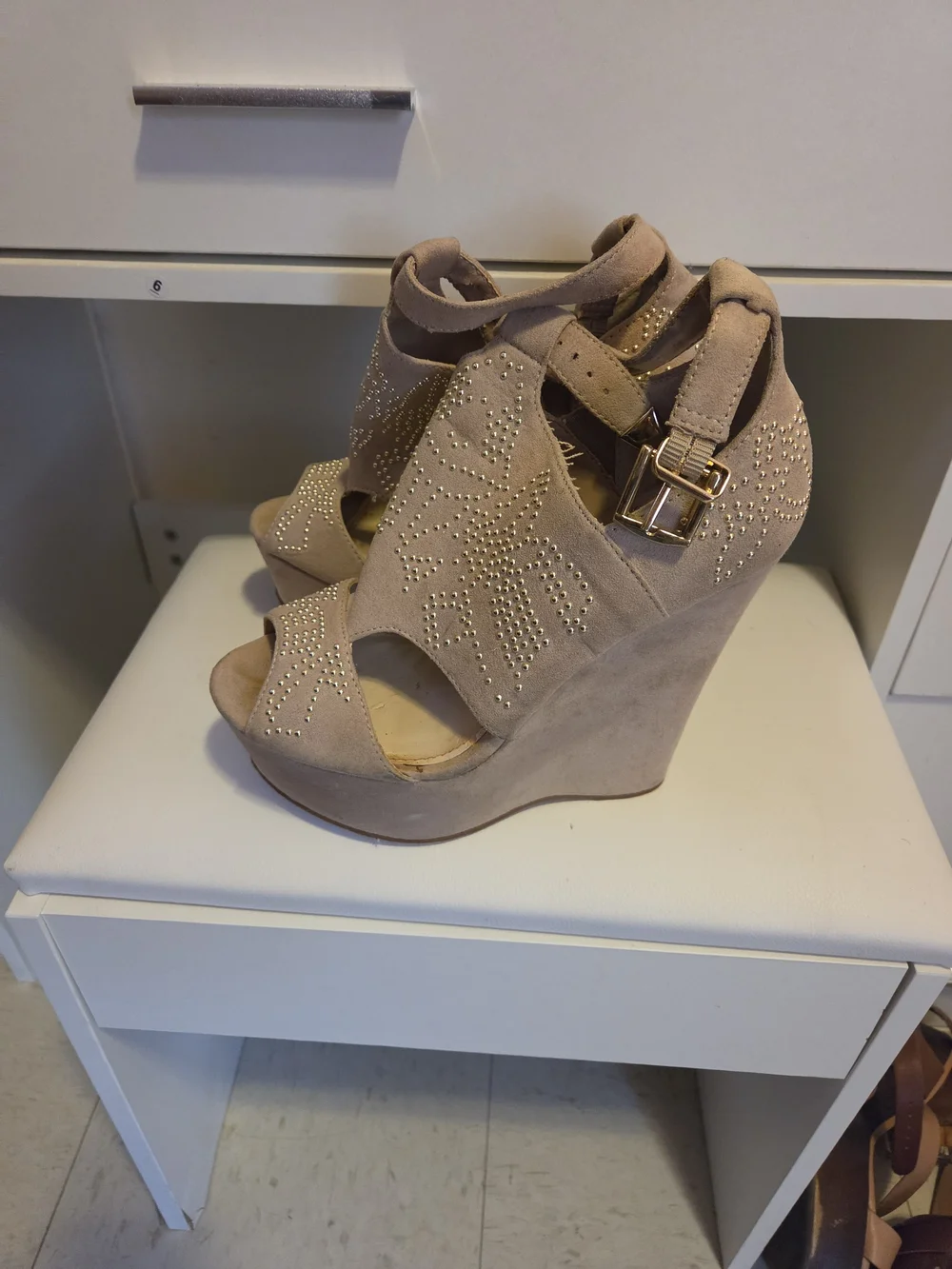 Betsey Johnson Taupe Suede Studded Wedge Sandals